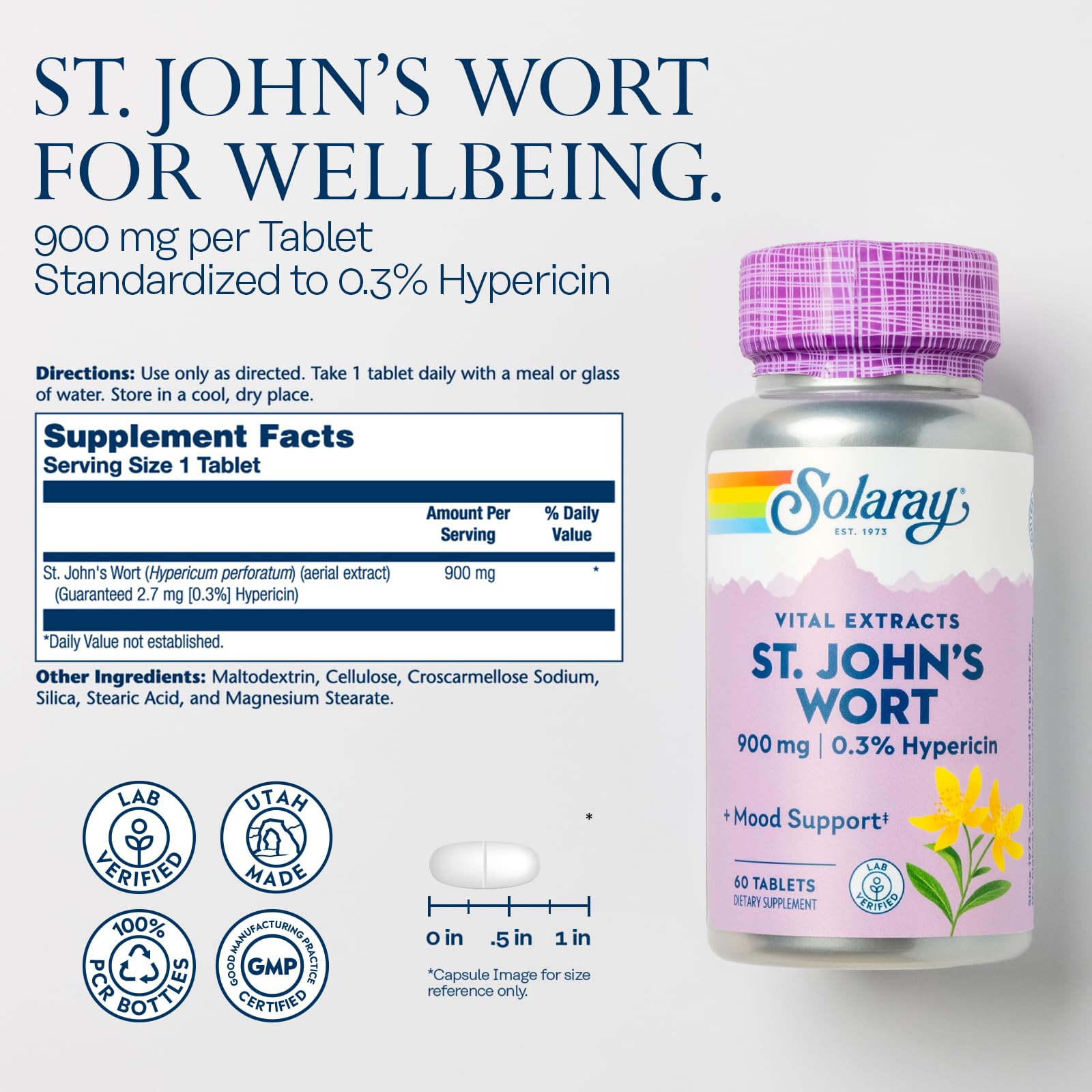 Close-up of SOLARAY St. John's Wort 900mg tablets