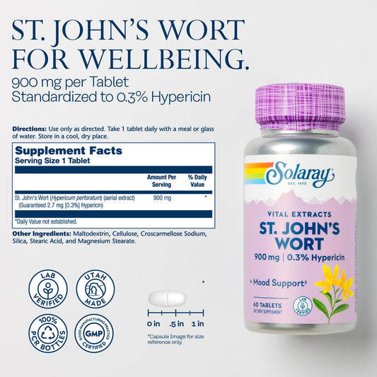 Close-up of SOLARAY St. John's Wort 900mg tablets