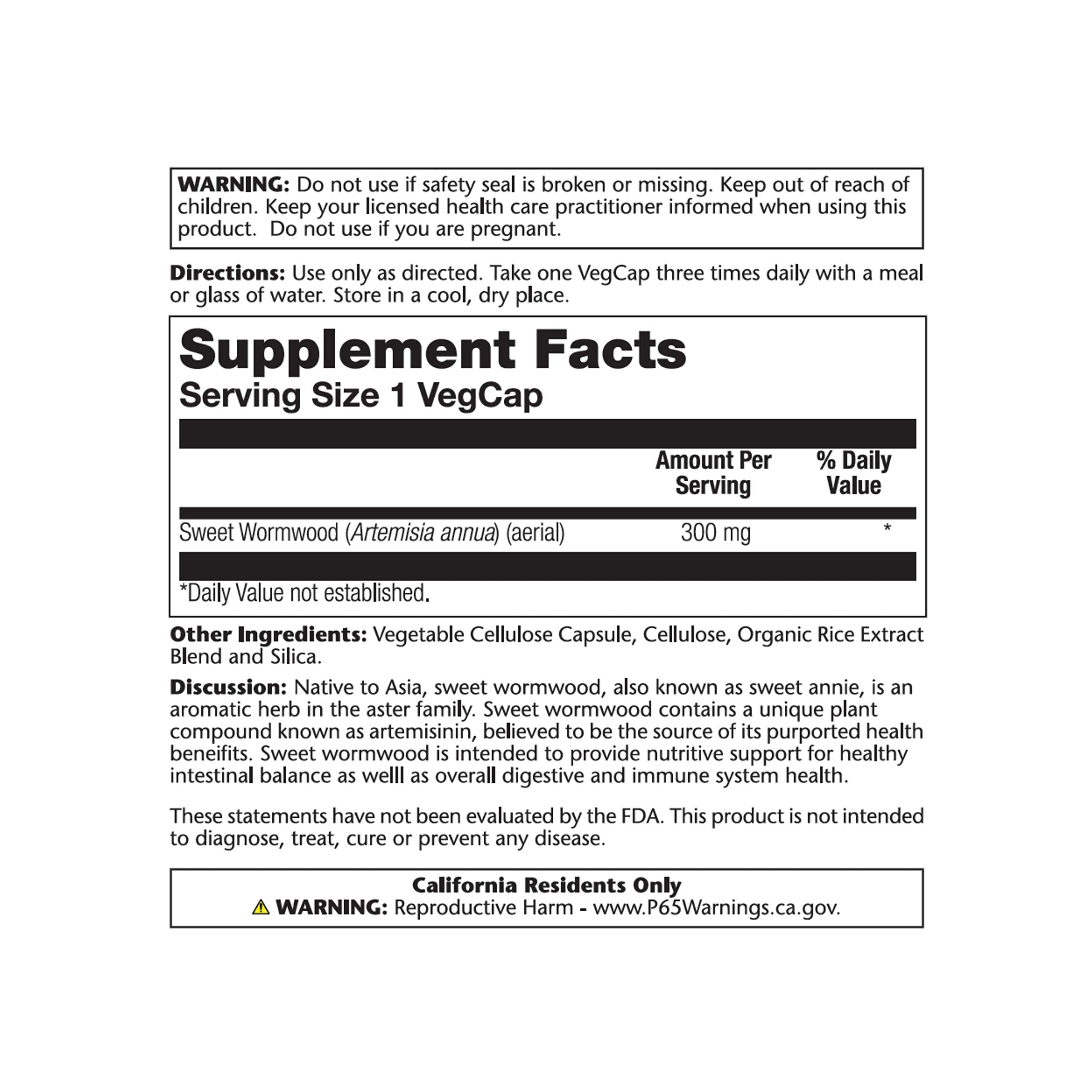 Packaging and bottle of SOLARAY Sweet Wormwood Aerial Veg Cap 300 mg 100 count