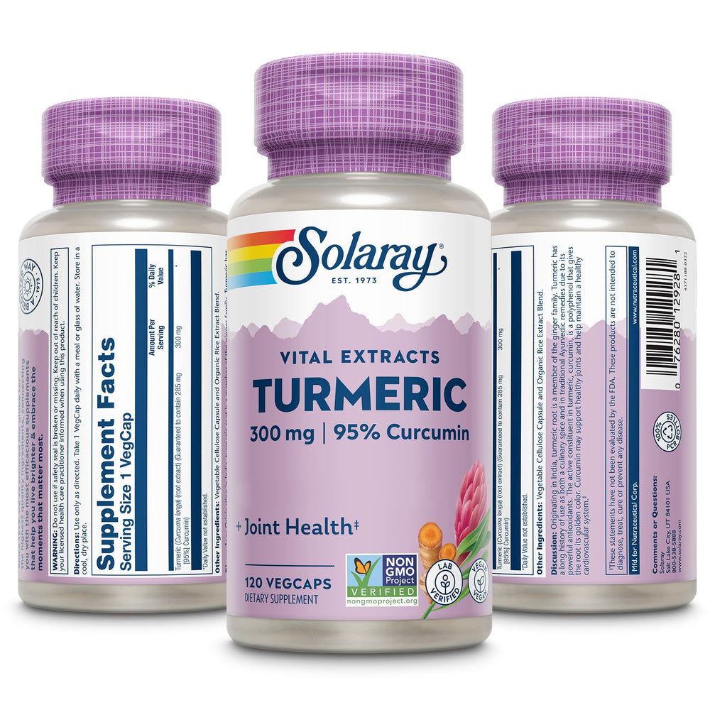 Close-up of 95% curcumin label on Solaray Turmeric 300 mg