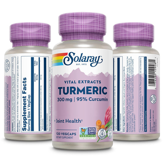 Close-up of 95% curcumin label on Solaray Turmeric 300 mg