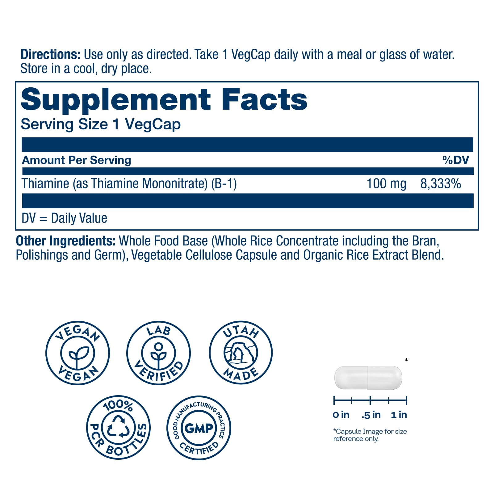 Close-up of Vitamin B1 100mg Thiamine label