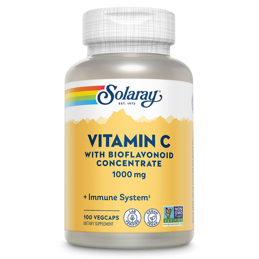SOLARAY Vitamin C 1000mg bottle with Bioflavonoids label featuring Rose Hips and Acerola Cherry