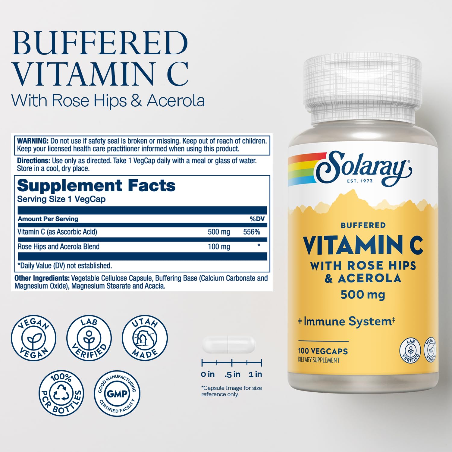 Close-up of SOLARAY Vitamin C 500mg bottle label