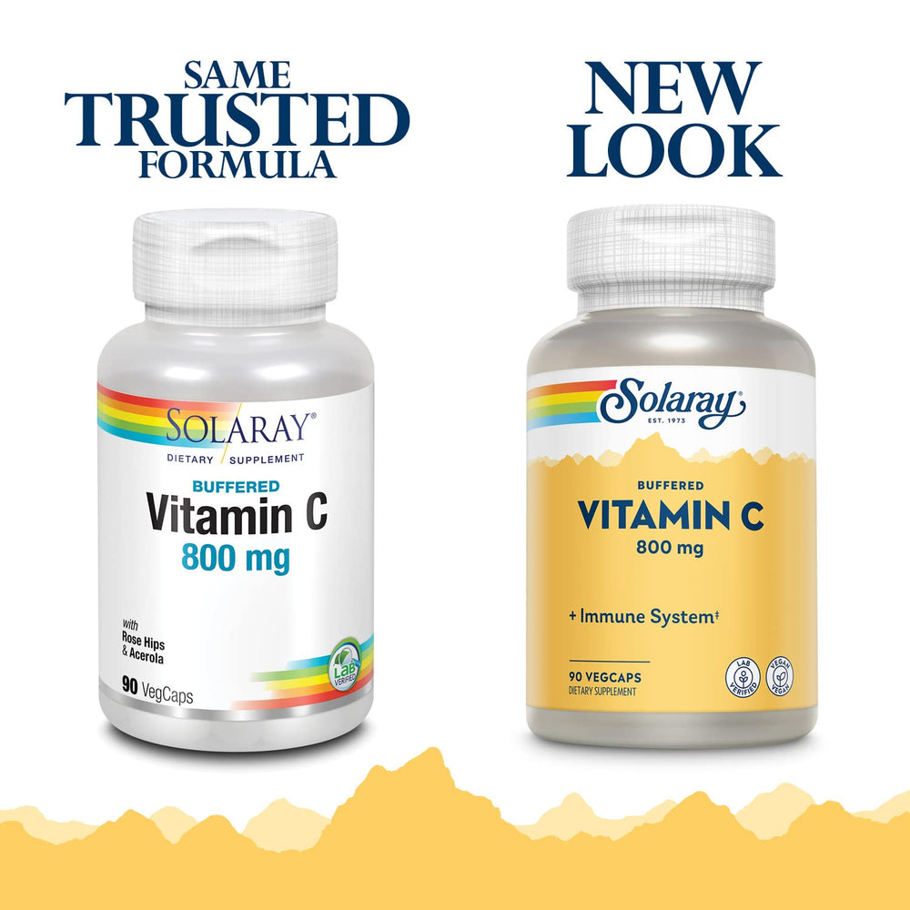 Close-up of Solaray Vitamin C 800mg with Rose Hips & Acerola capsules in bottle