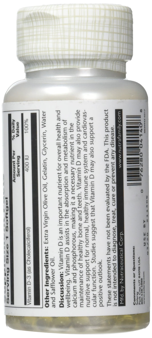 Close-up of SOLARAY Vitamin D-3 400 IU softgels