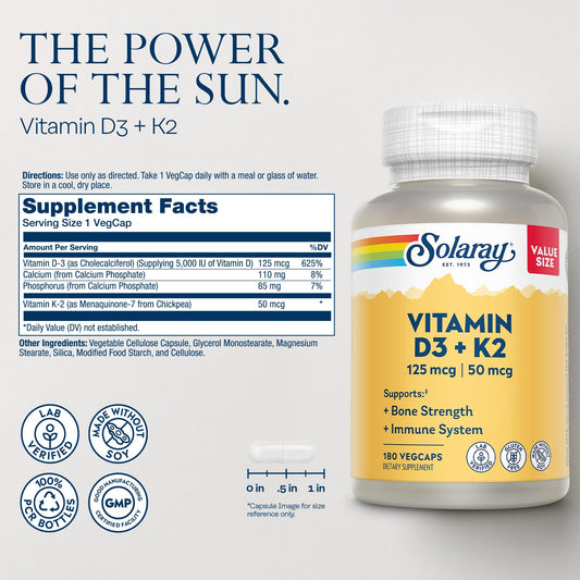 Capsules representing Vitamin D3 and K2 for bone health
