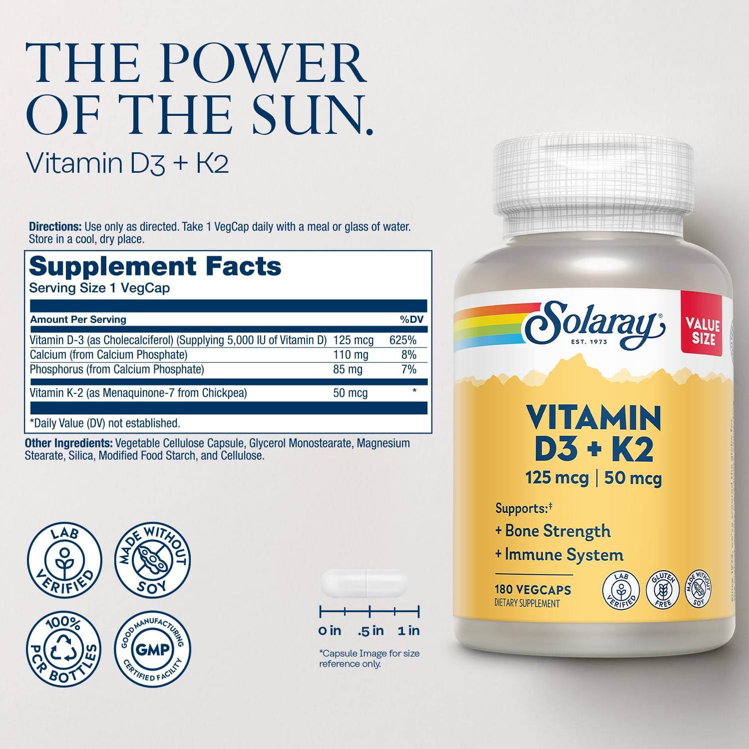 Close-up of SOLARAY D3 K2 capsules for daily use.