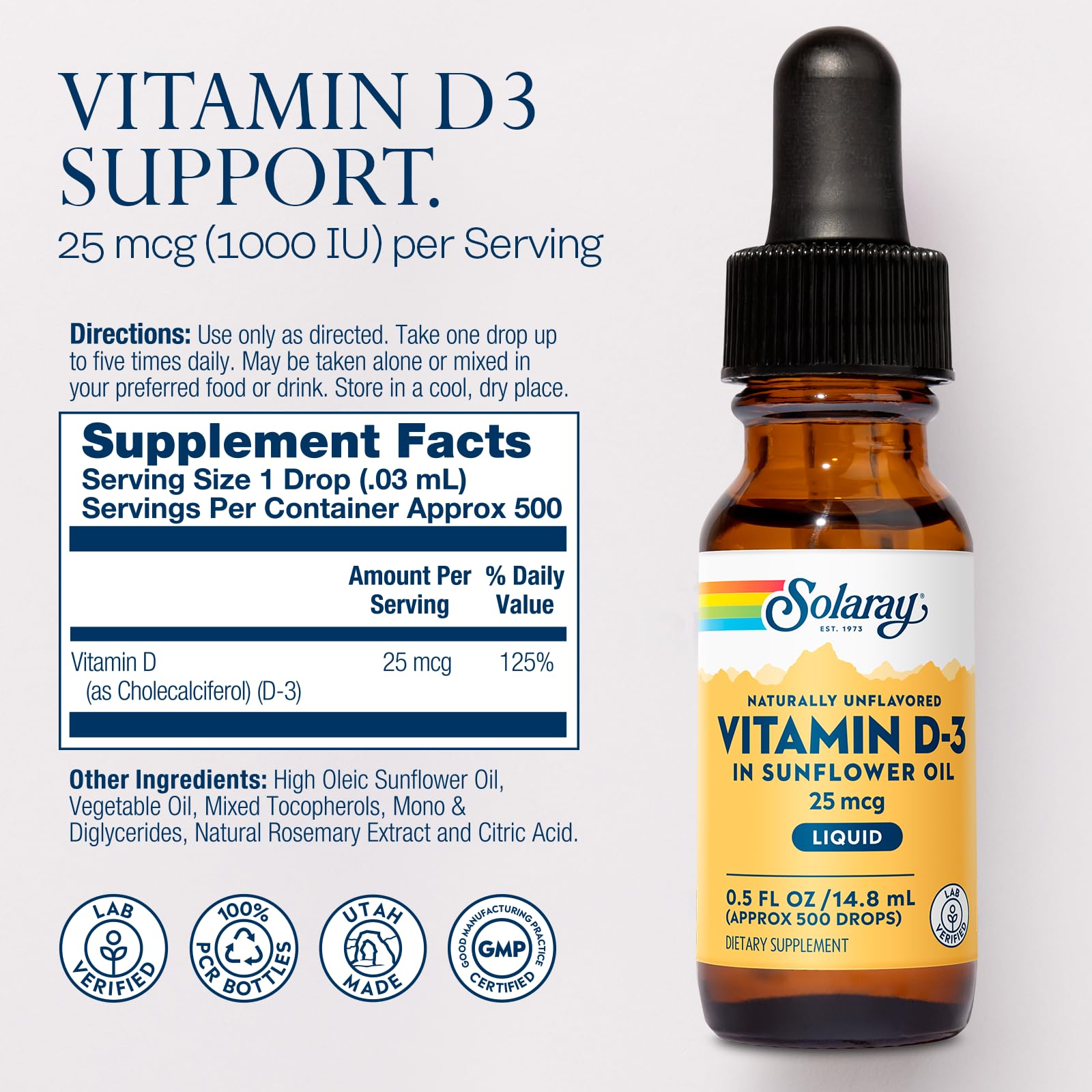 Close-up of dropper dispensing vitamin D3 drops