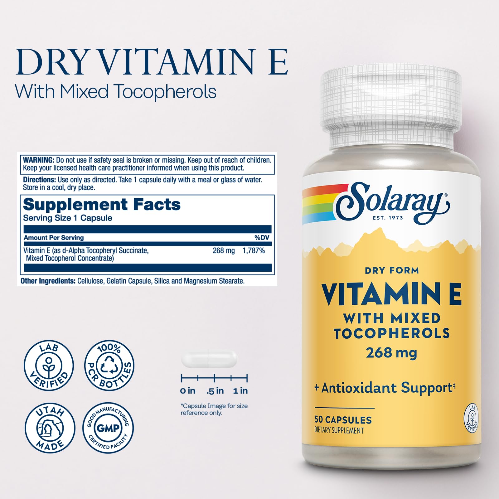Close-up of Vitamin E dry form capsules