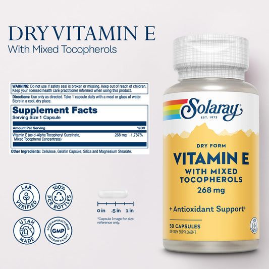 Close-up of Vitamin E dry form capsules