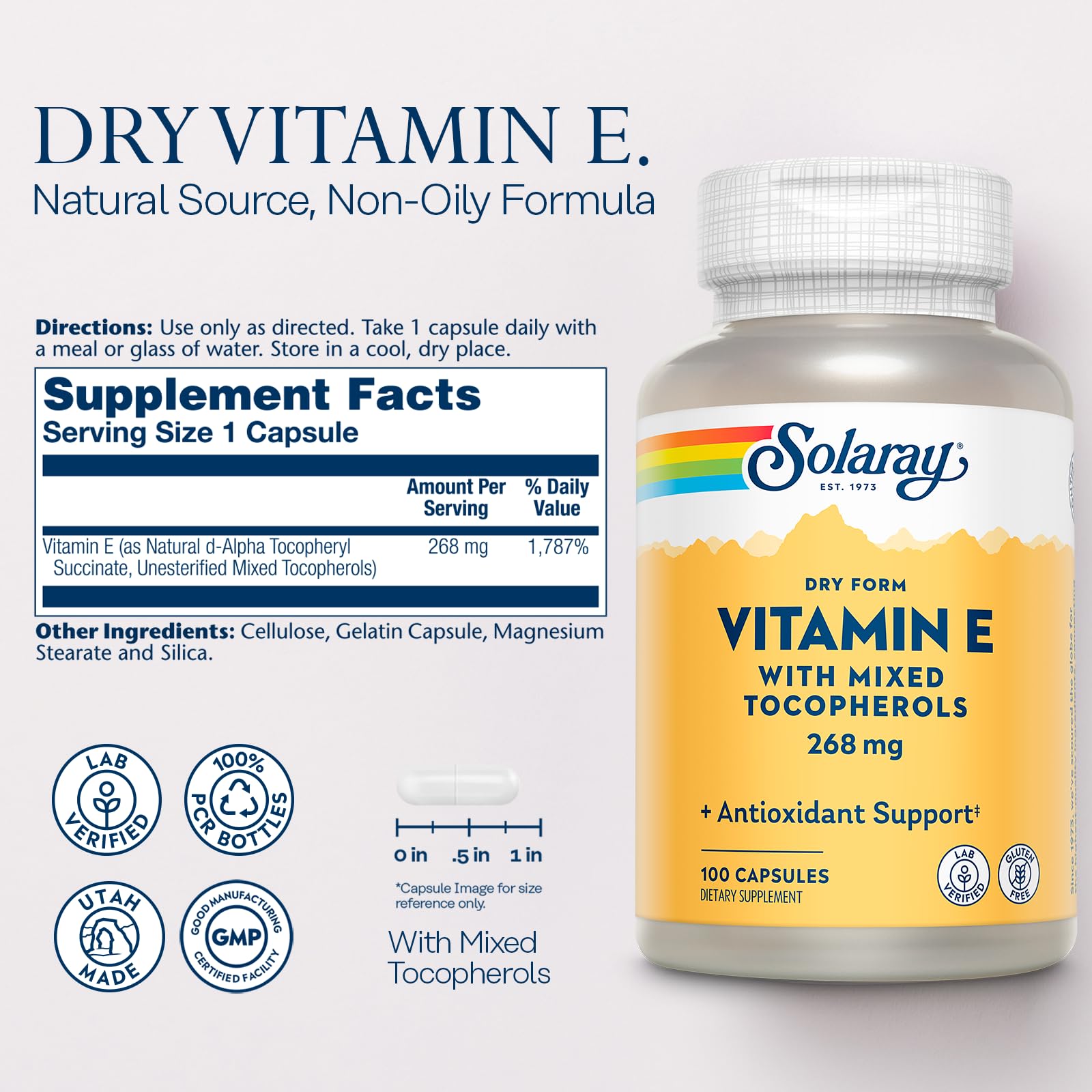 Close-up of vitamin E dry-form capsules
