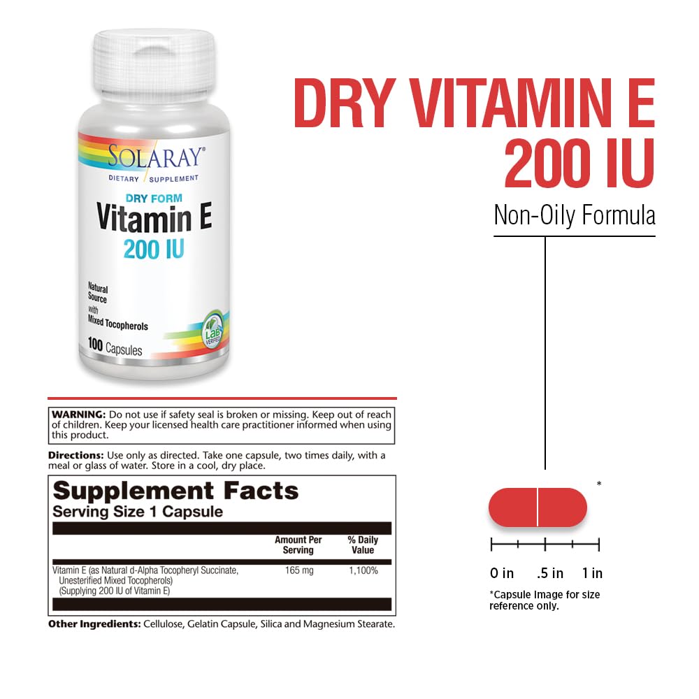 Close-up of SOLARAY Vitamin E Dry 200 IU 100-count bottle label