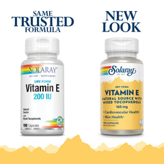 Back panel showing ingredients and directions for SOLARAY Vitamin E Dry 200 IU 100-count