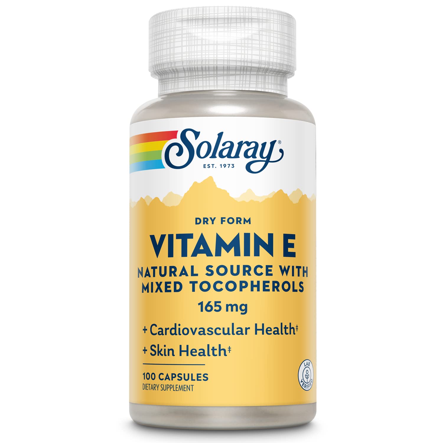 Front view of SOLARAY Vitamin E Dry 200 IU 100-count bottle with mixed tocopherols
