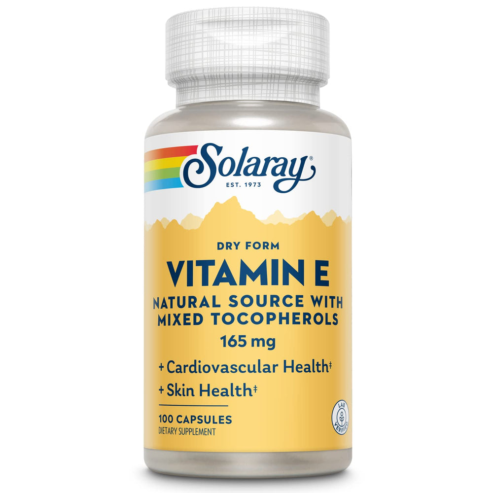 Front view of SOLARAY Vitamin E Dry 200 IU 100-count bottle with mixed tocopherols
