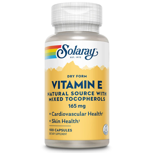 Front view of SOLARAY Vitamin E Dry 200 IU 100-count bottle with mixed tocopherols