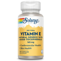Front view of SOLARAY Vitamin E Dry 200 IU 100-count bottle with mixed tocopherols