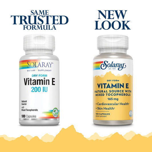 Close-up of SOLARAY Vitamin E Dry 200 IU bottle