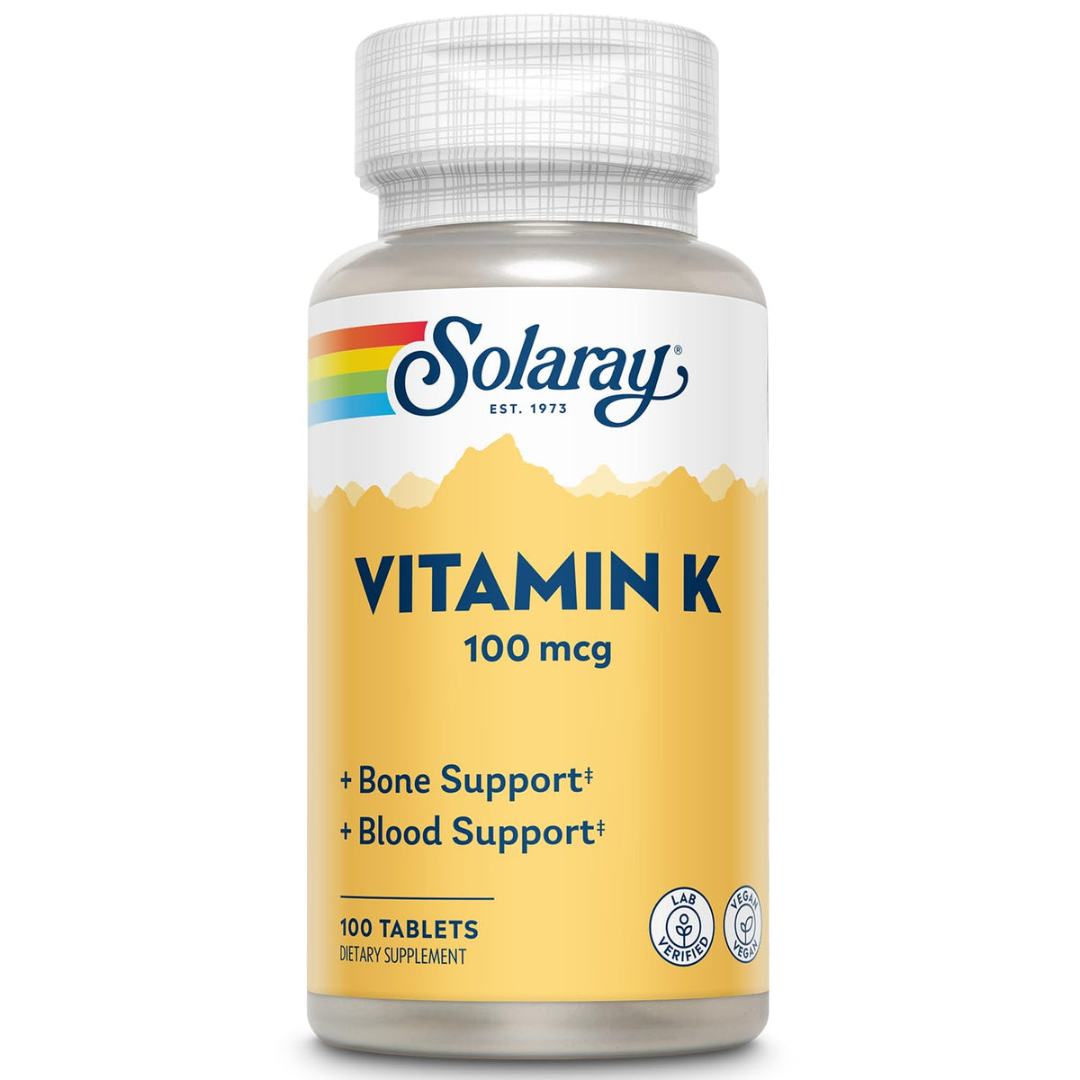 Bottle of SOLARAY Vitamin K-1 100mcg vegan non-GMO supplement, 100 tablets