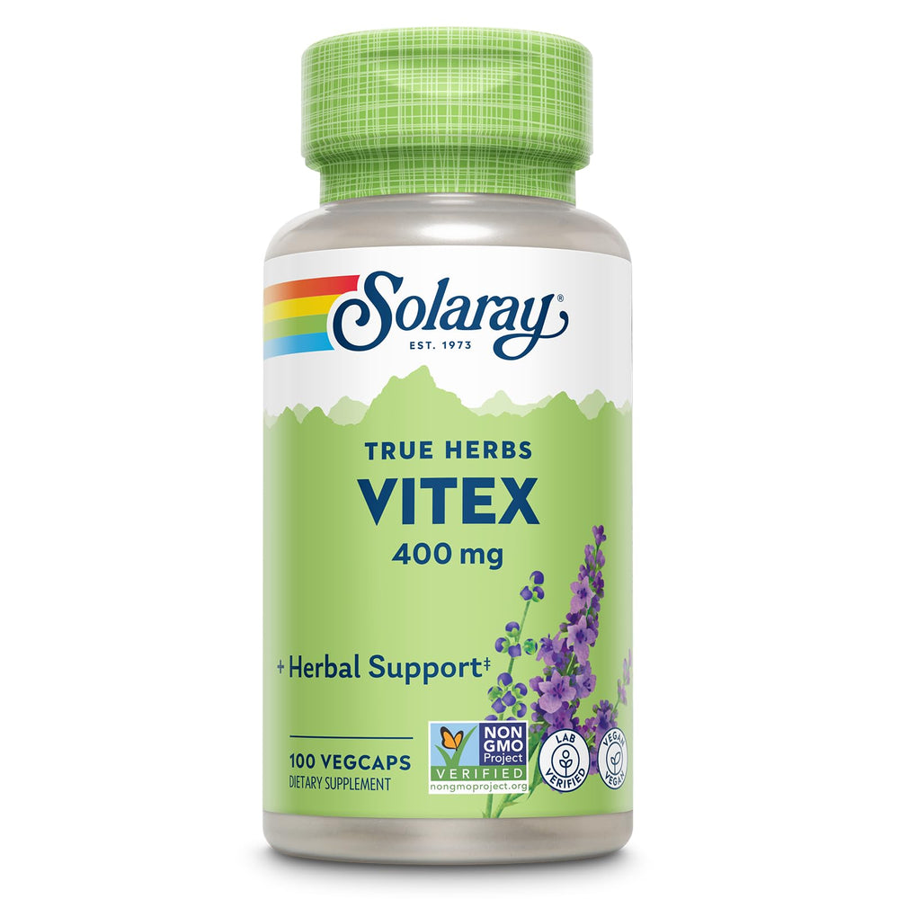 Solaray Vitex Berry 400mg bottle cap close-up illustrates potential hormone balance support.