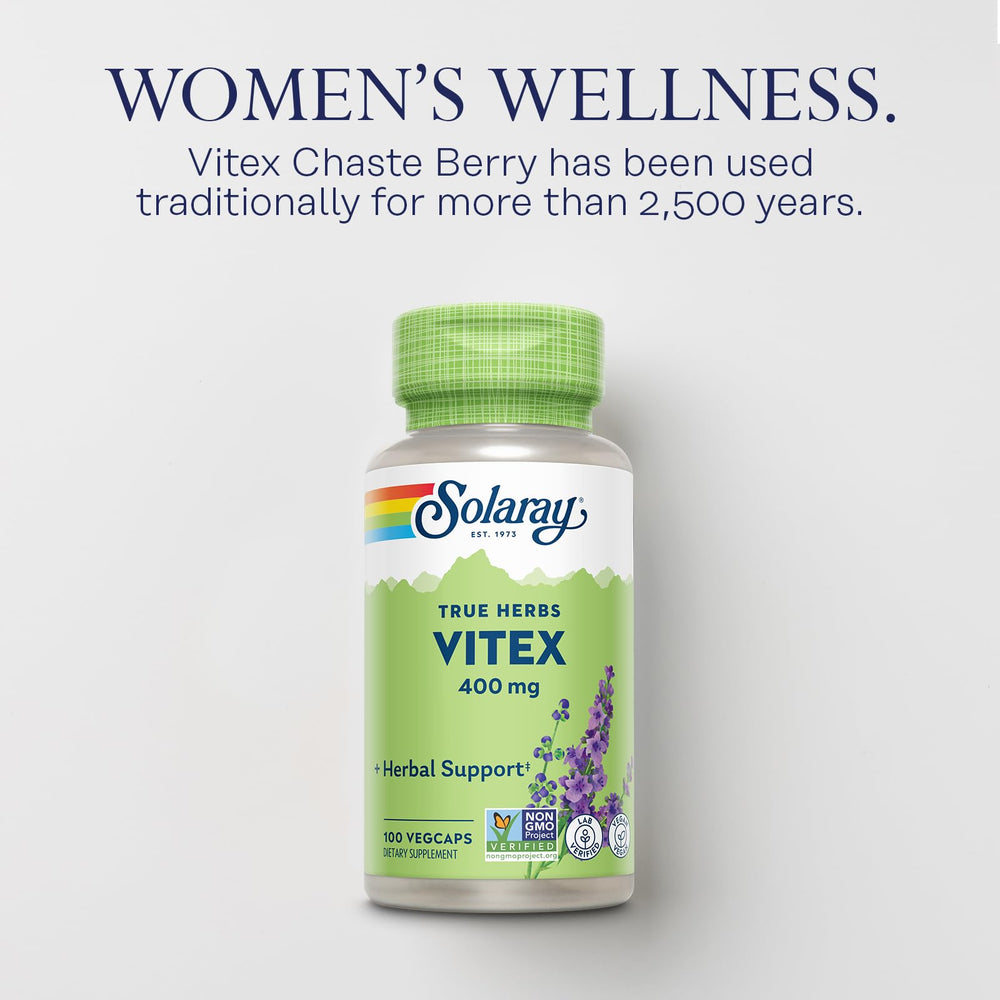 Solaray Vitex Berry 400mg bottle on shelf conveys trusted, lab-tested source.