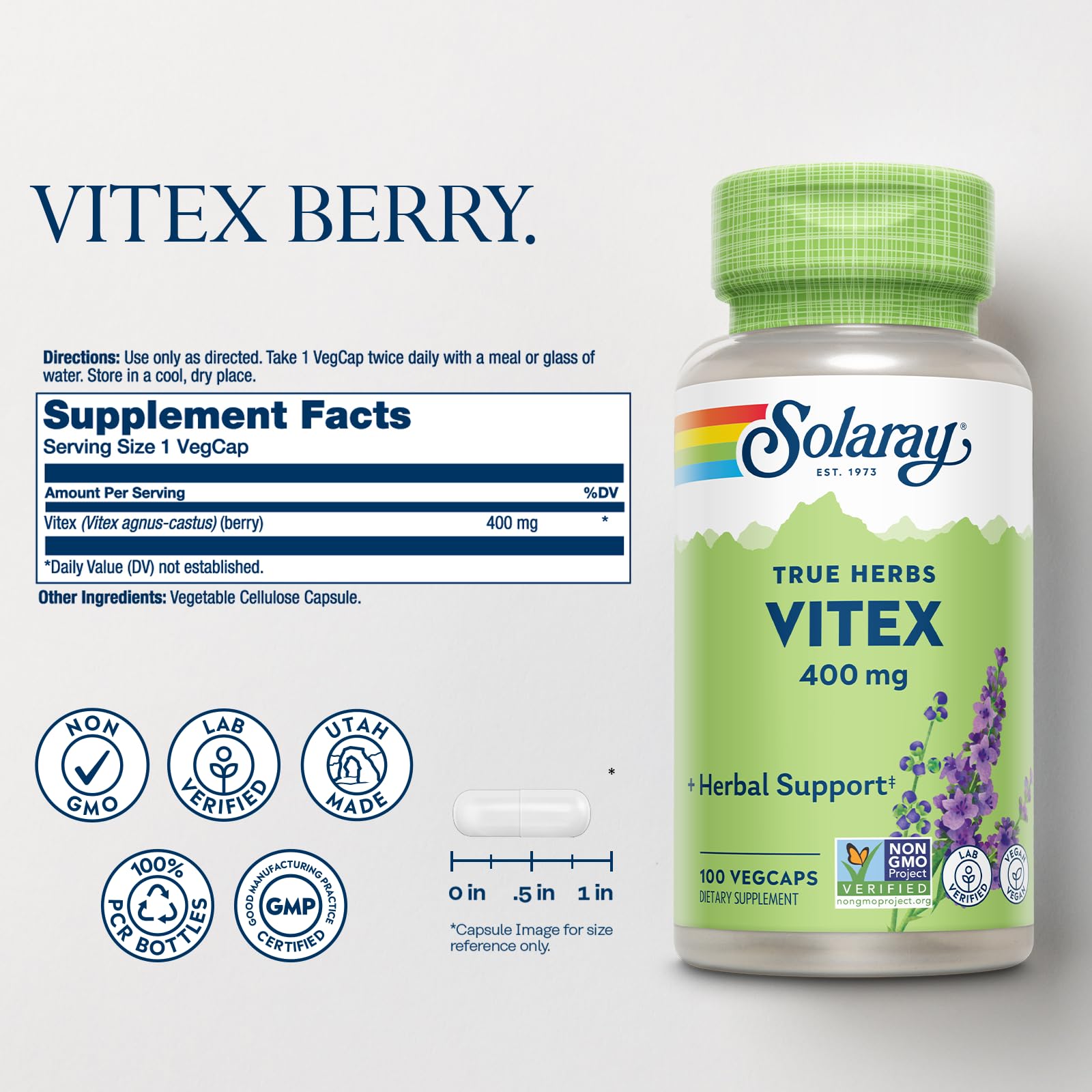 Solaray Vitex Berry 400mg capsules pouring shows easy daily dosing for women's health.