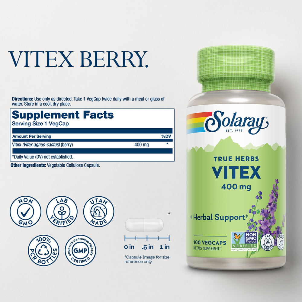 Solaray Vitex Berry 400mg capsules pouring shows easy daily dosing for women's health.