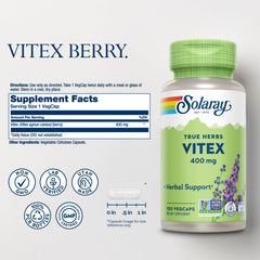 Solaray Vitex Berry 400mg label close-up highlights non-GMO, vegan formula.