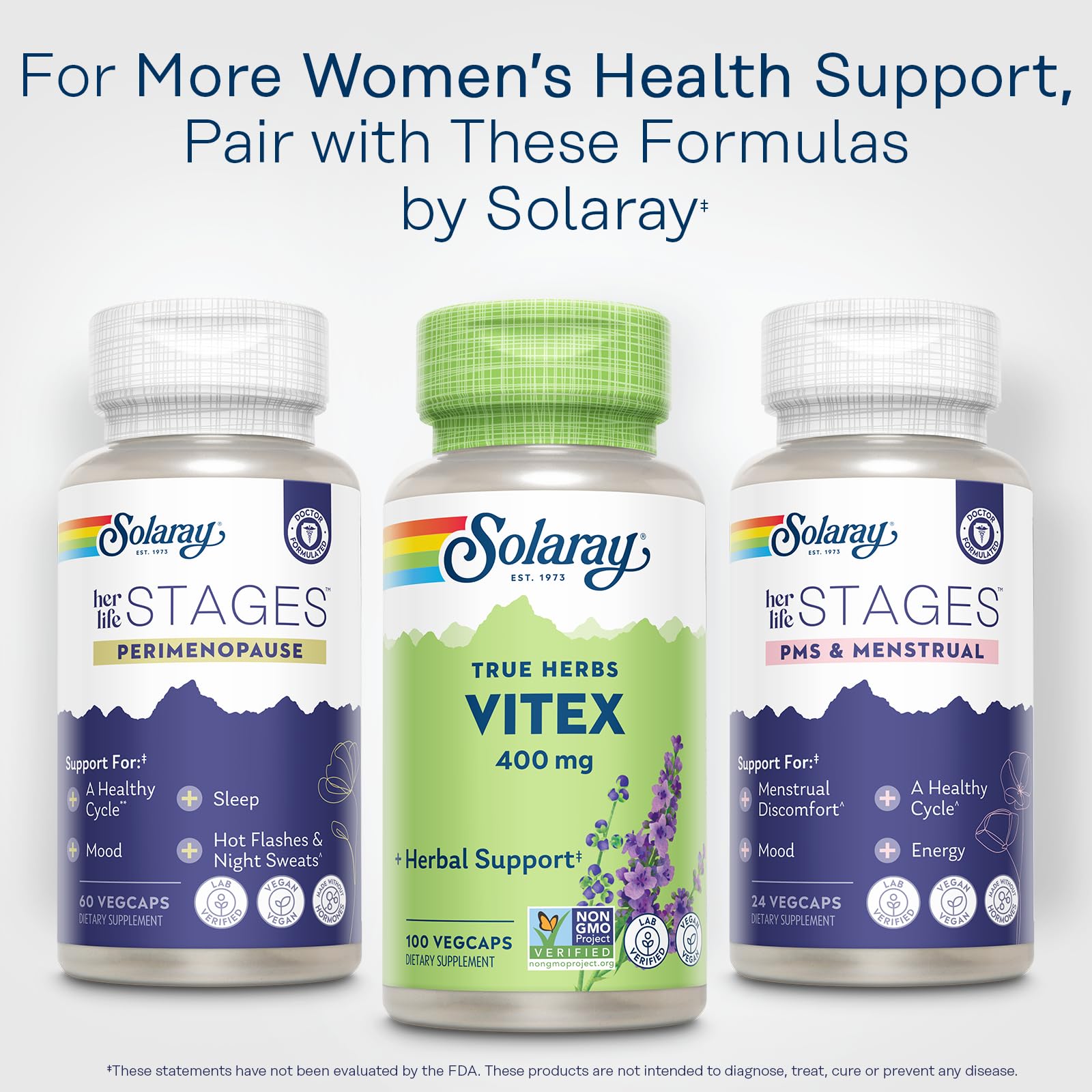 Solaray Vitex Berry 400mg packaging shot emphasizes vegan, filler-free formulation.