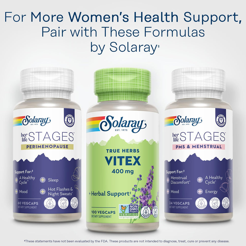 Solaray Vitex Berry 400mg packaging shot emphasizes vegan, filler-free formulation.