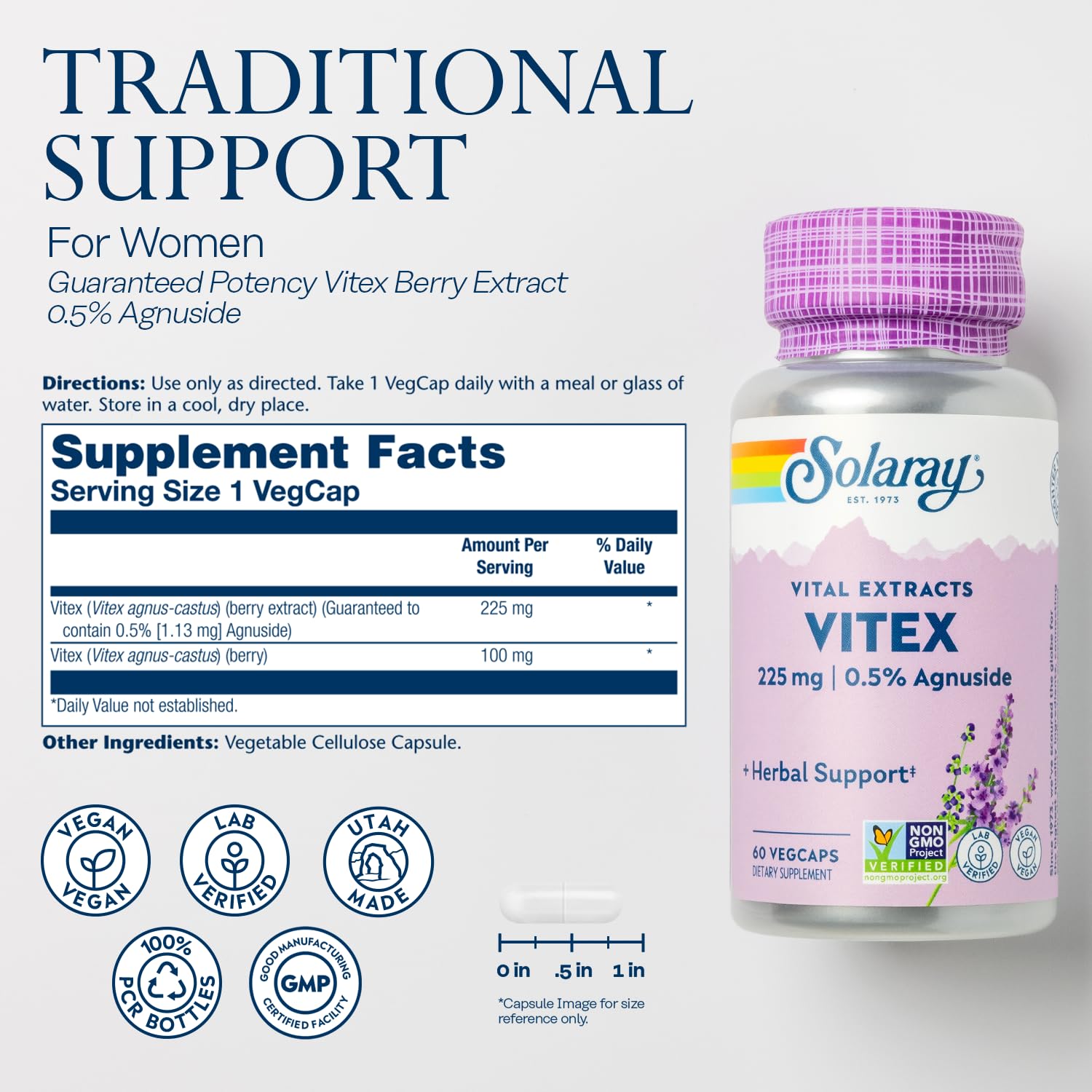 Ingredients and nutrition panel for SOLARAY Vitex supplement