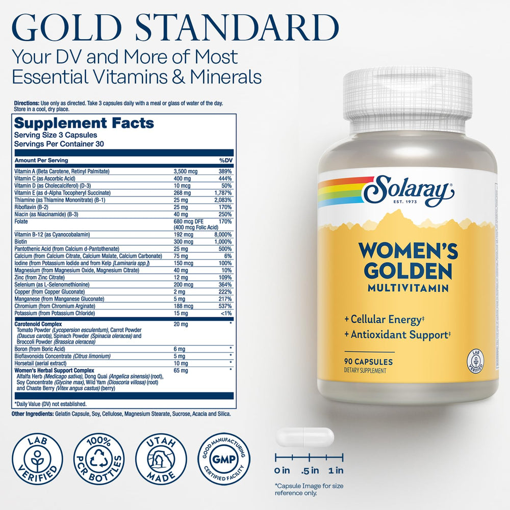 Close-up of SOLARAY Golden Multi-Vita-min label on bottle