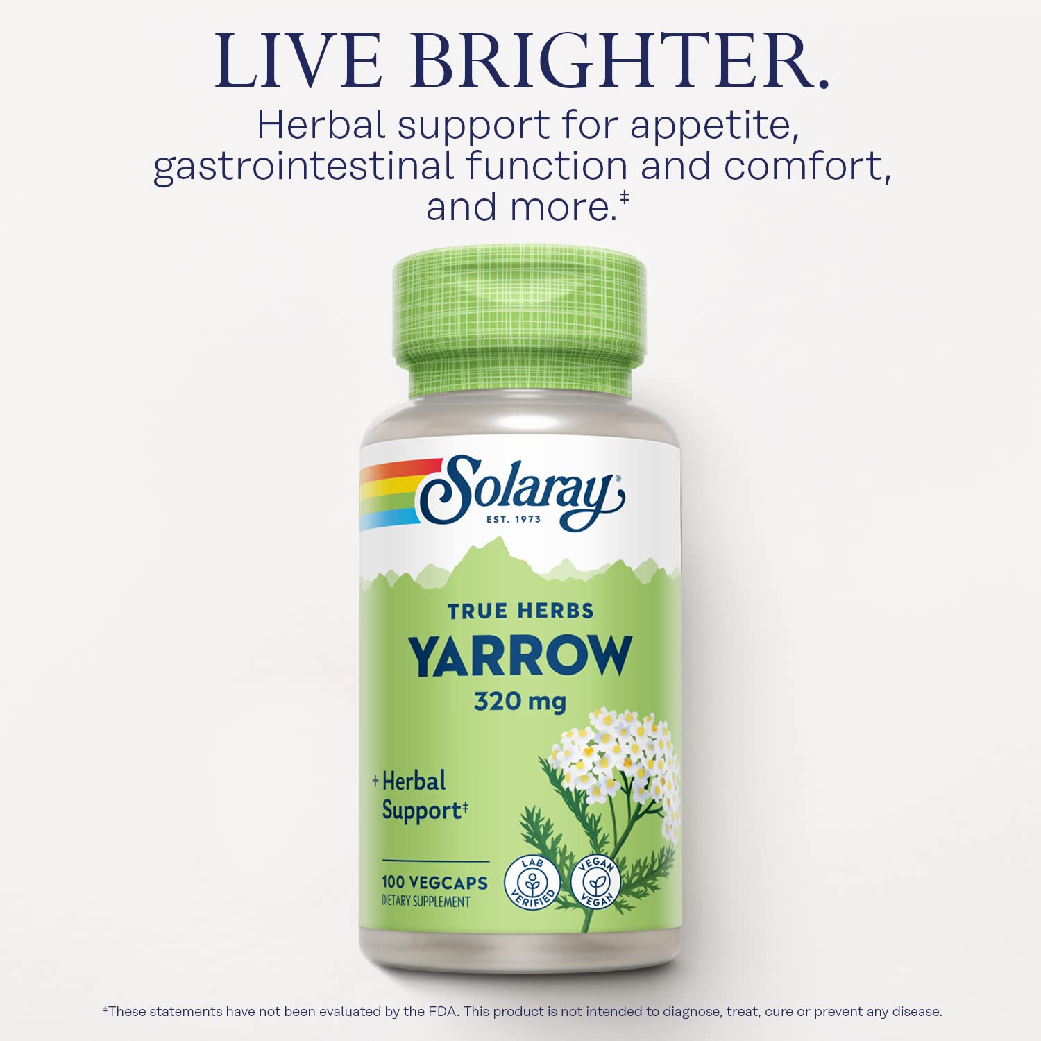 Vegan, Non-GMO, Gluten-Free Yarrow supplement bottle