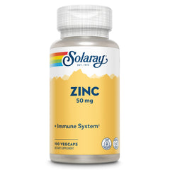 Solaray Zinc 50mg Immune Support capsules bottle – front view, vegan, 100 count