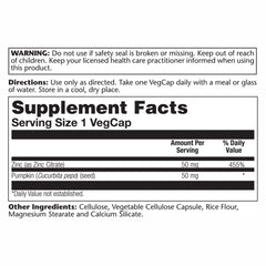 Close-up of Zinc Citrate 50 mg ingredients list
