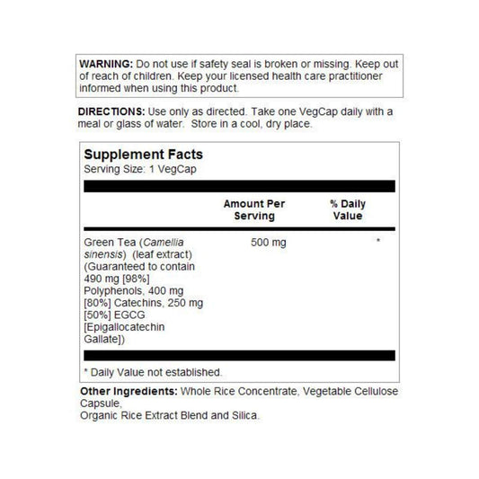 SOLARAY Green Tea Leaf Extract Double Strength Veg Cap bottle side label