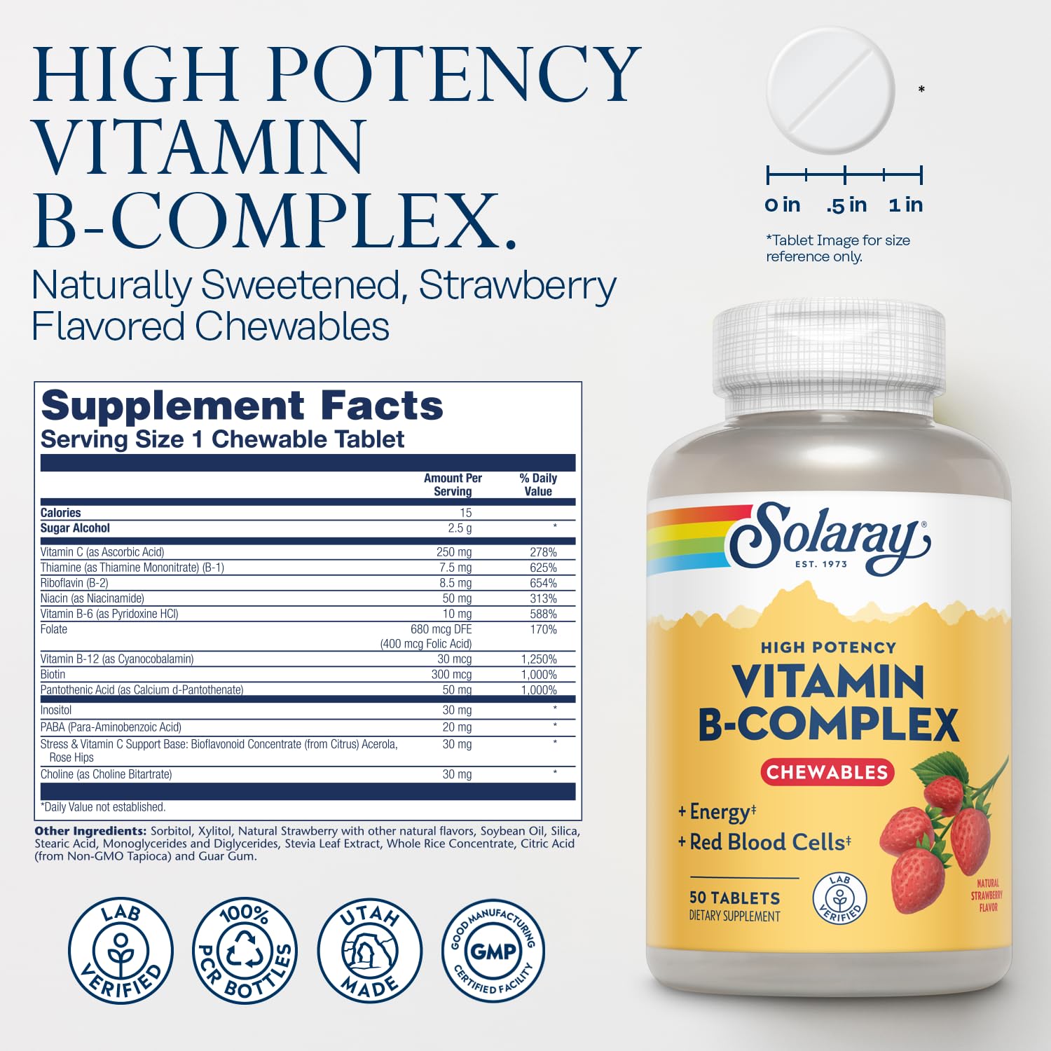 SOLARAY Vitamin B-Complex Chewables Strawberry bottle side view