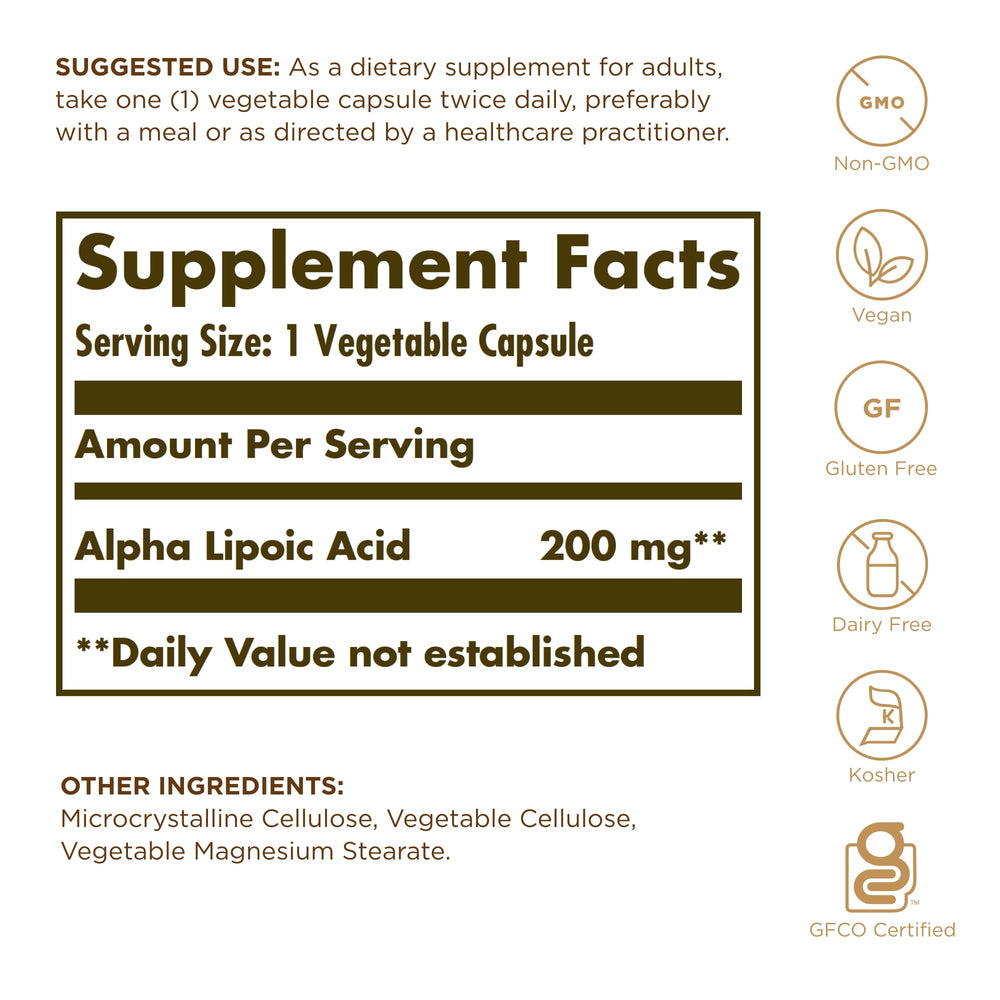 Solgar Alpha Lipoic Acid 200 mg bottle back label