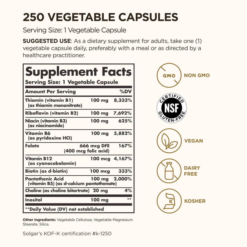Close-up of Solgar B-Complex 100 label details