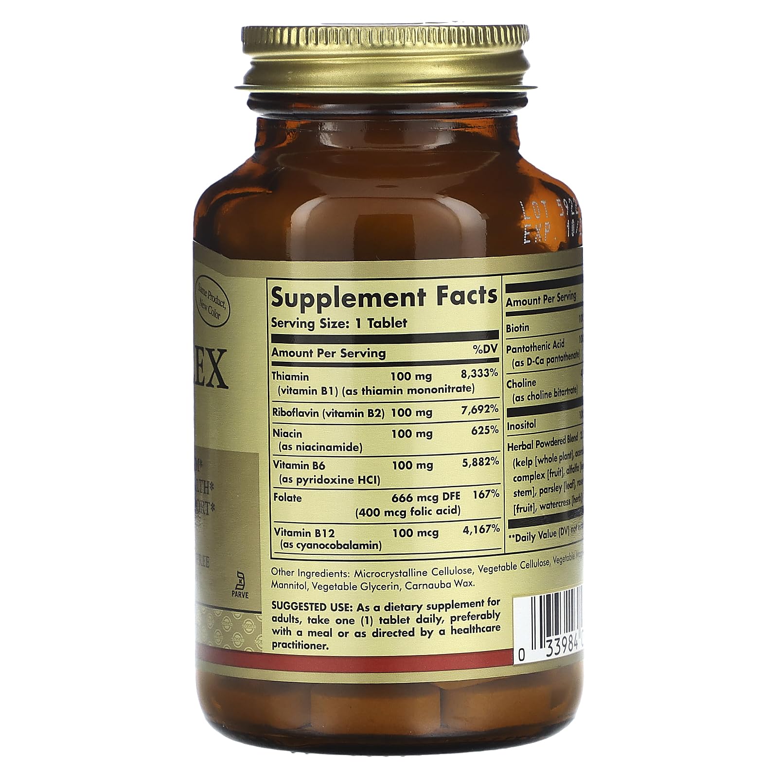 Solgar B-Complex 100 tablets close-up in bottle