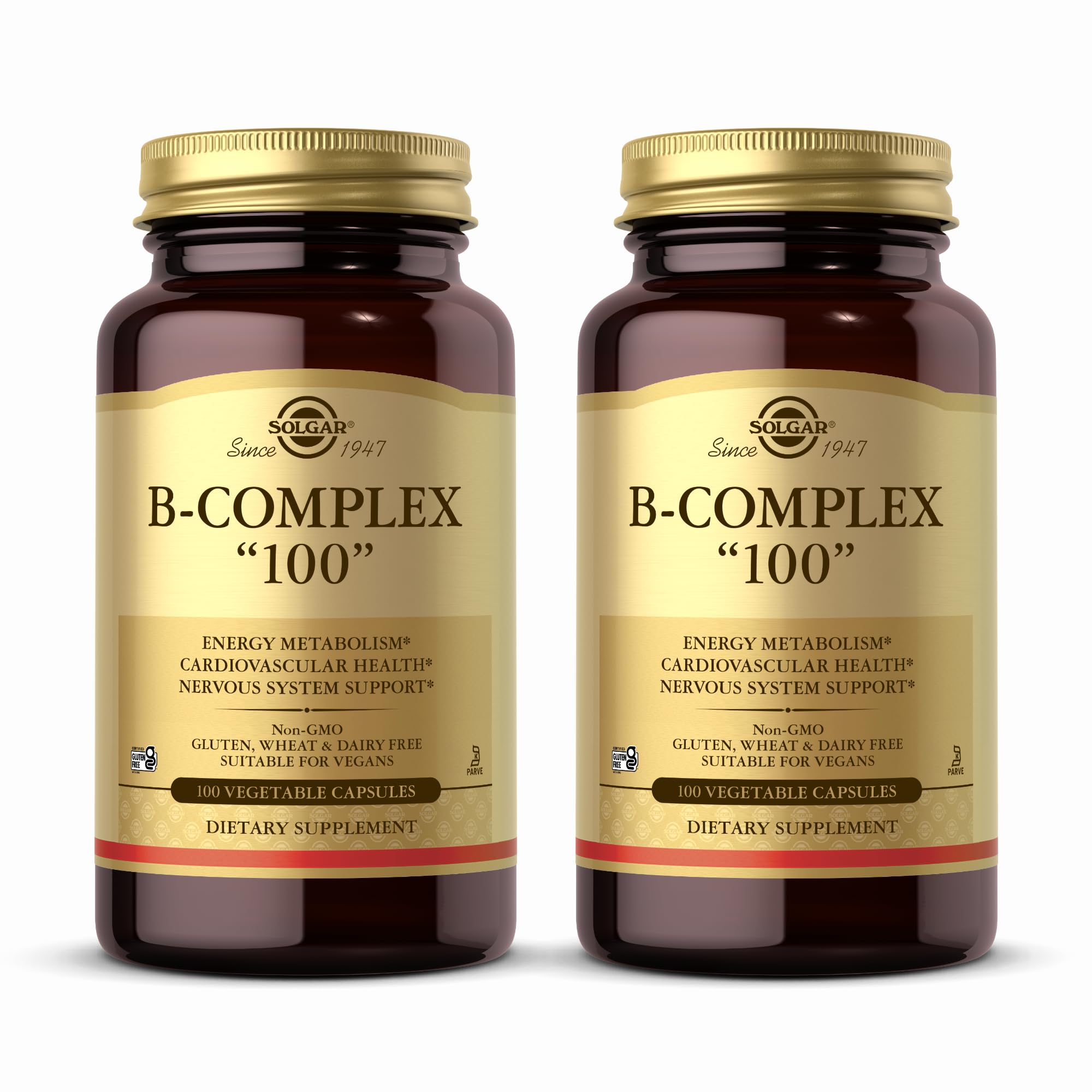 Solgar B-Complex 100 bottle with label, supports energy metabolism and overall wellness.