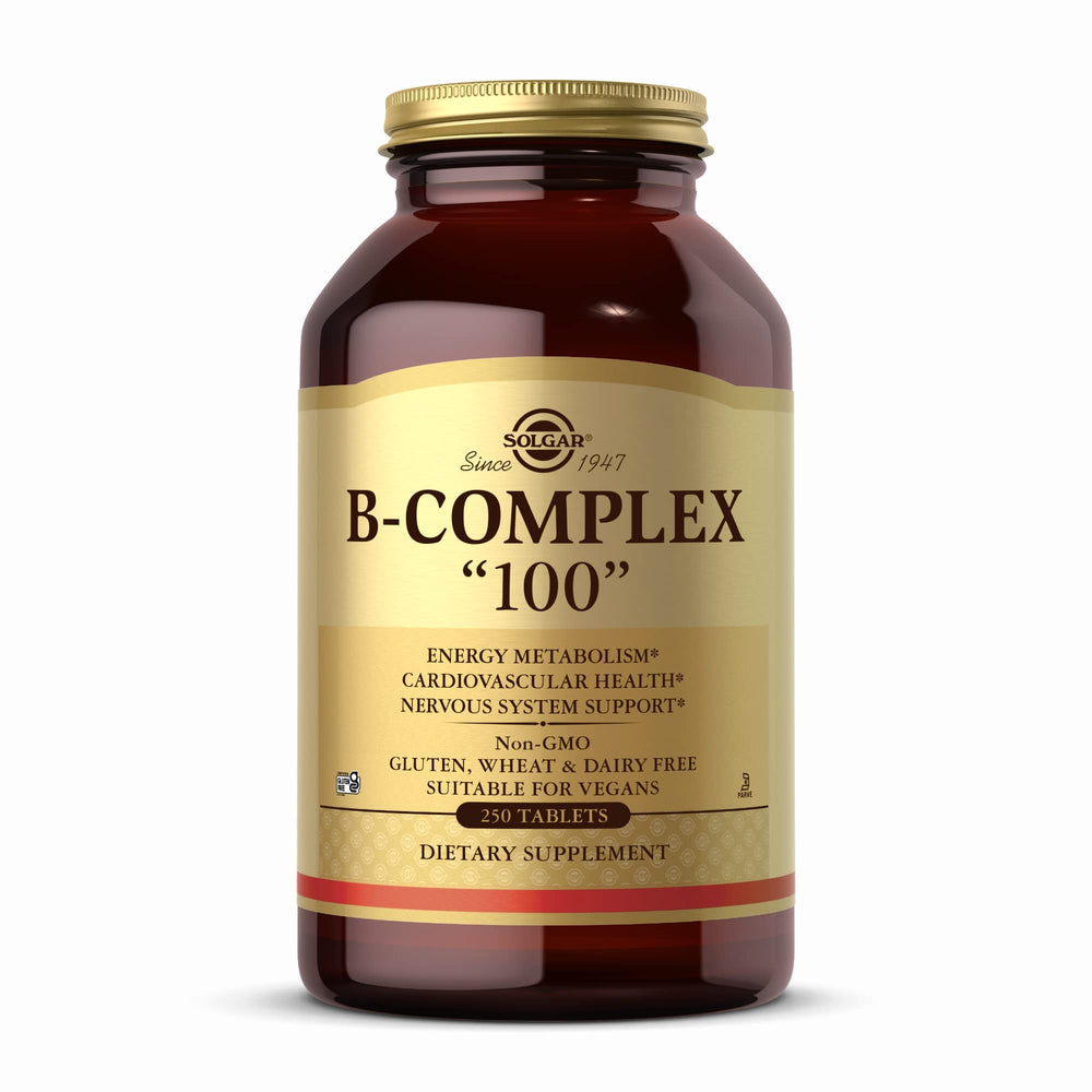 Solgar B-Complex 100 bottle front suggests daily energy metabolism support.