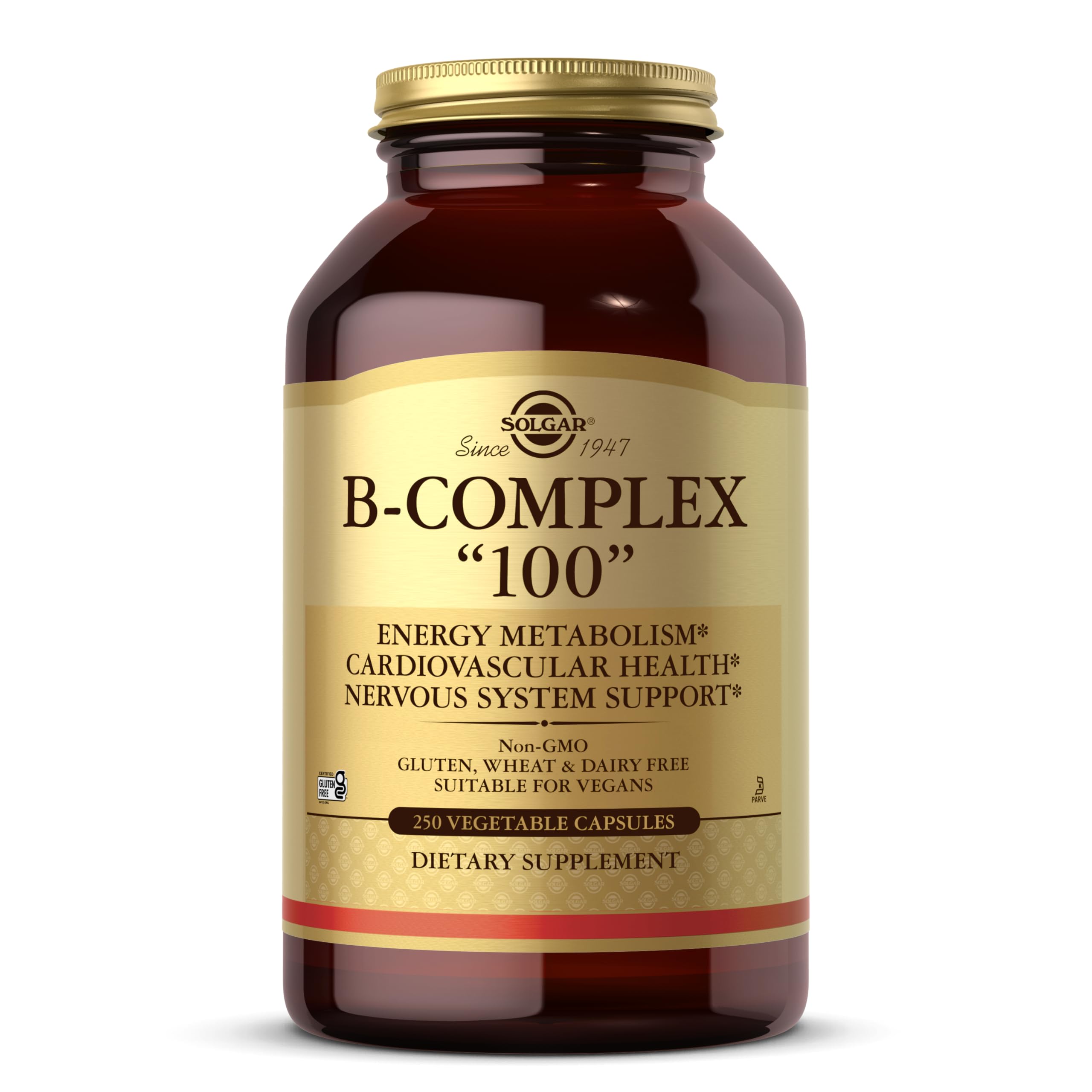 Solgar B-Complex 100 bottle front view with vegan, non-GMO formula for daily energy