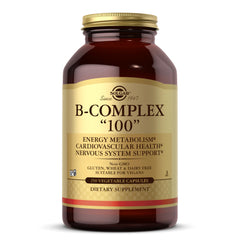 Solgar B-Complex 100 bottle front view with vegan, non-GMO formula for daily energy