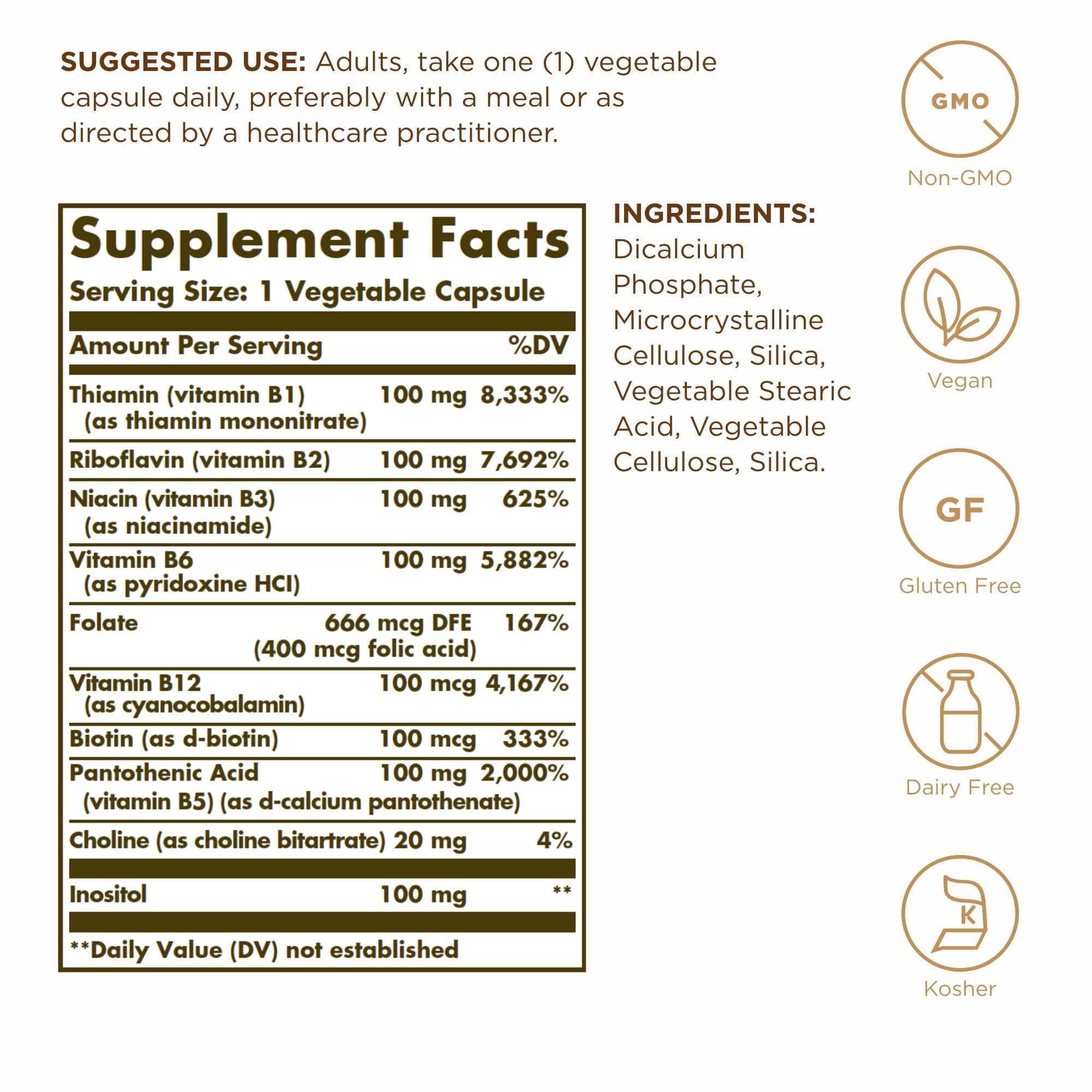 Capsules close-up showing Solgar B-Complex 100, convenient daily wellness use.