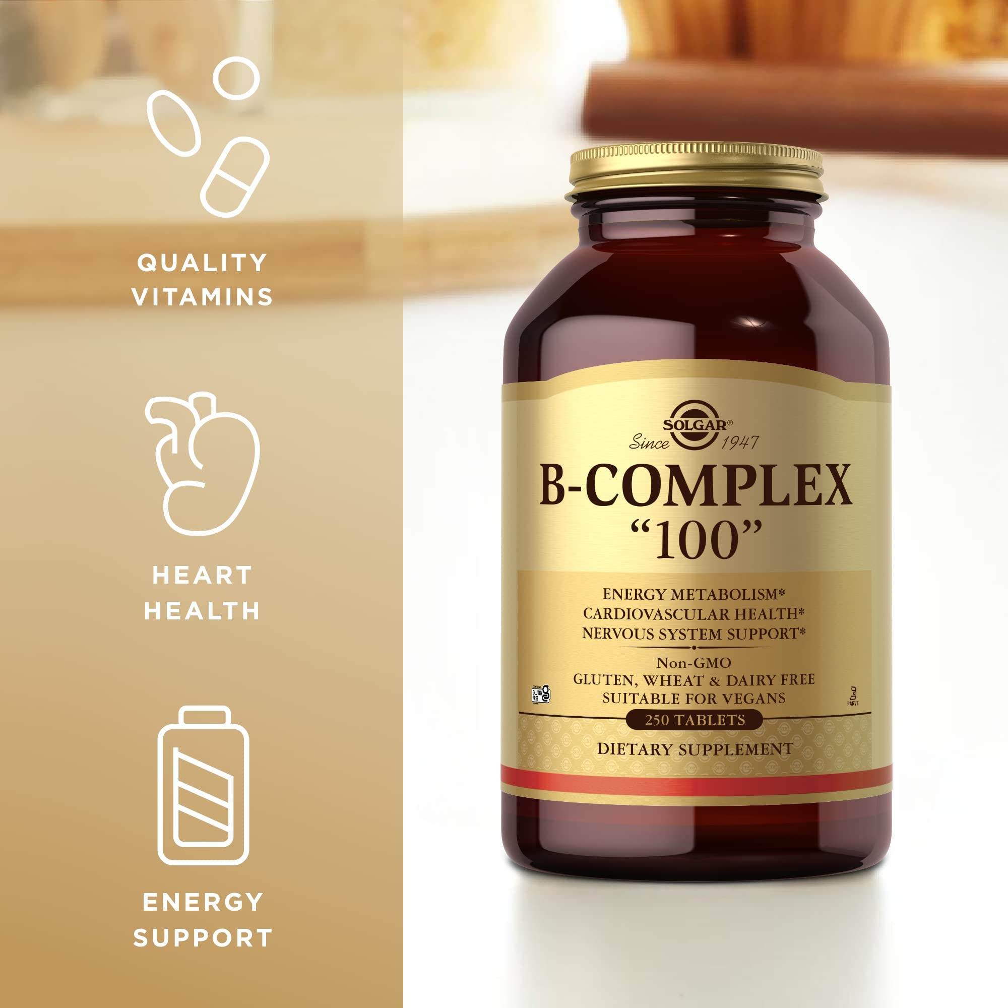 Solgar B-Complex 100 gluten-free and kosher certification on packaging.