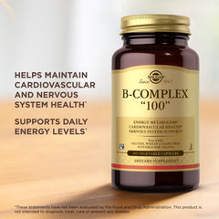 Nutrition facts panel of Solgar B-Complex 100 highlighting B vitamins.