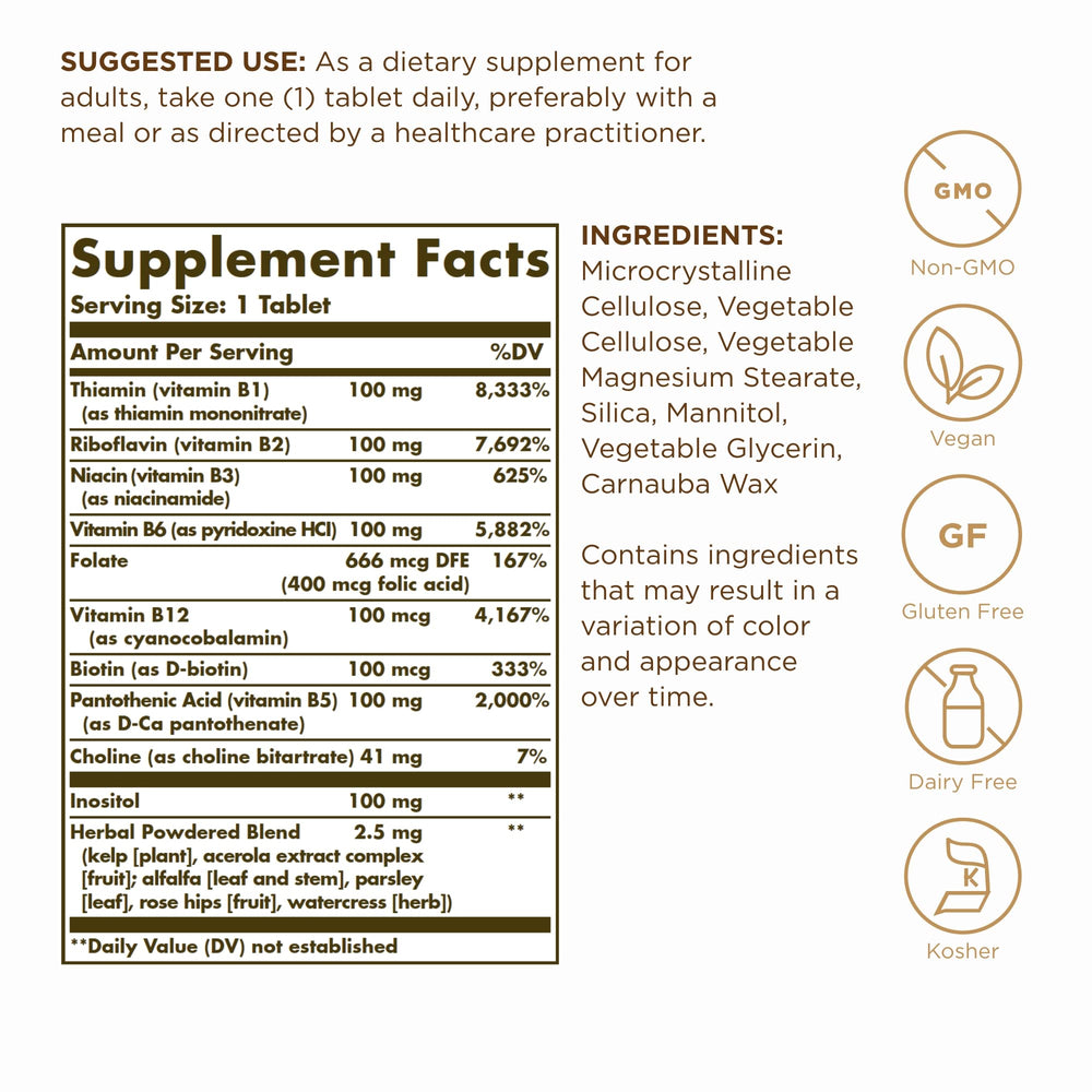 Solgar B-Complex 100 tablets close-up for compact daily serving.