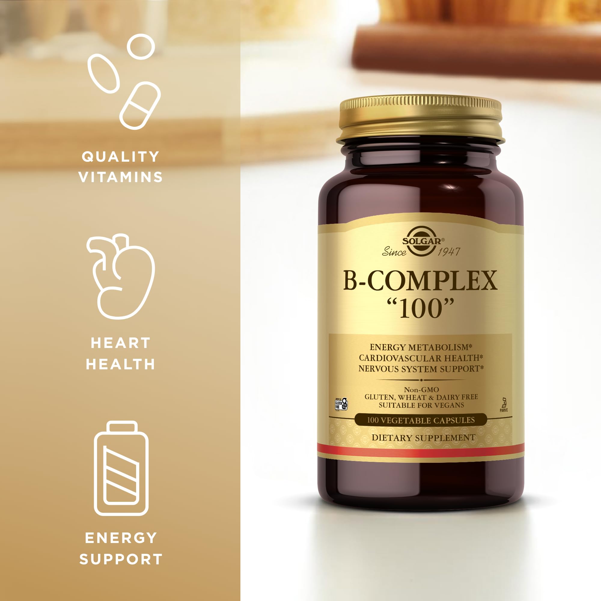 Vegan and gluten-free symbols on Solgar B-Complex 100 packaging.